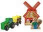 Dřevěné hračky s farmářskou tematikou: zelený traktor, žlutý přívěs, větrný mlýn a farmář.