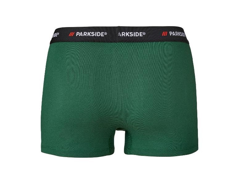 Zelené boxerky s černým elastickým pasem, bílým textem 'PARKSIDE®' a červenou značkou.