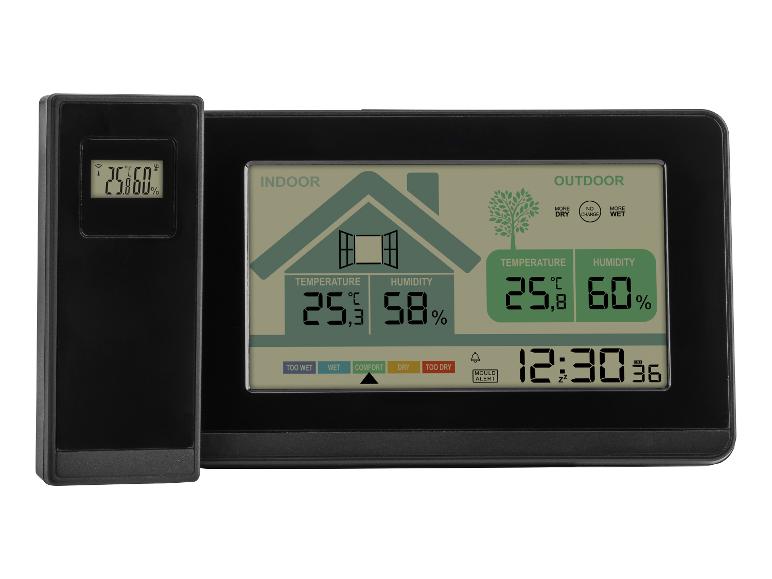Digitální termo-vlhkoměr s displejem zobrazujícím vnitřní a venkovní teplotu, vlhkost a čas.
