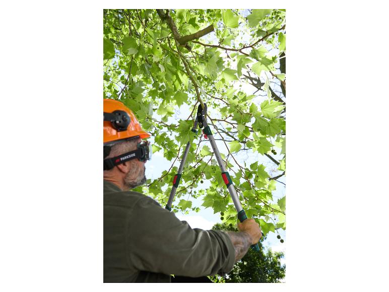 Muž s ochrannou helmou a brýlemi prořezává strom teleskopickými nůžkami Parkside.