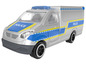 Stříbrné policejní auto s modrými a žlutými pruhy.