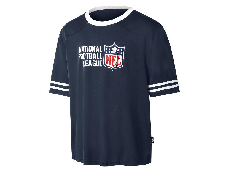 Tmavě modré tričko NFL s bílým límečkem a pruhy na rukávech.