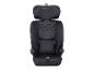 Černá dětská autosedačka s nastavitelnou opěrkou hlavy a zelenými detaily.