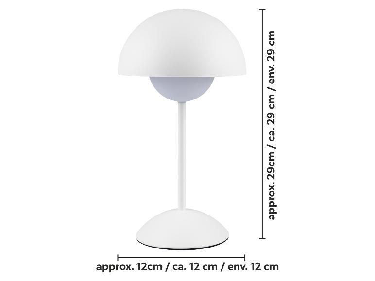 Bílá stolní lampa s kopulovitým stínítkem, rozměry 29 cm výška a 12 cm základna.