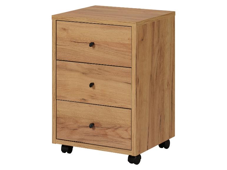 Dřevěná pojízdná skříňka se třemi zásuvkami a černými úchyty