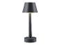Šedá stolní lampa s kulatým stínítkem.