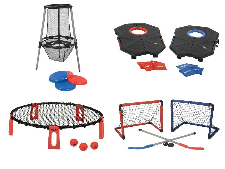 Kolekce venkovních her včetně frisbee golfového terče, cornhole, spikeballu a mini hokeje.