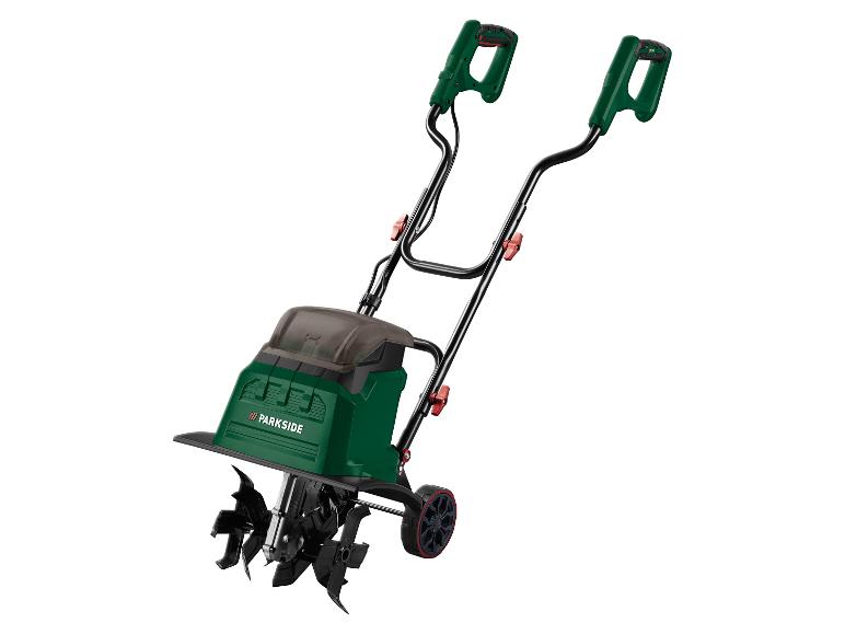 Zelený elektrický kultivátor Parkside s černými rukojeťmi a koly