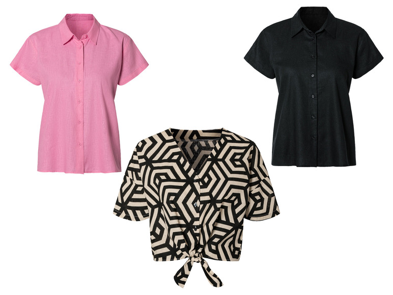 Tři dámské košile s krátkým rukávem, růžová, černá a s geometrickým vzorem.