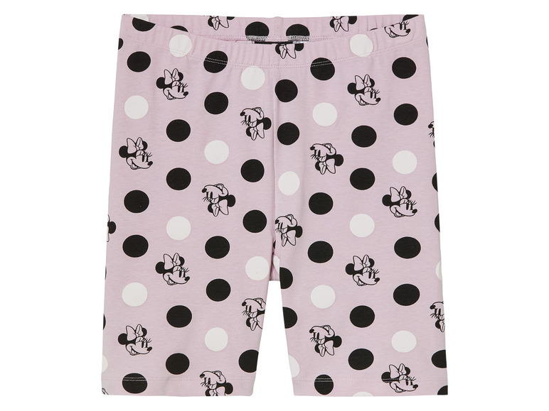 Lila cyklistické kalhoty s puntíky Minnie Mouse.