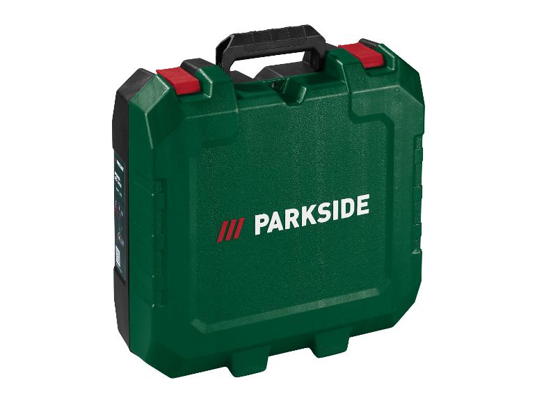 Zelený kufřík na nářadí PARKSIDE s červenými sponami a černou rukojetí.
