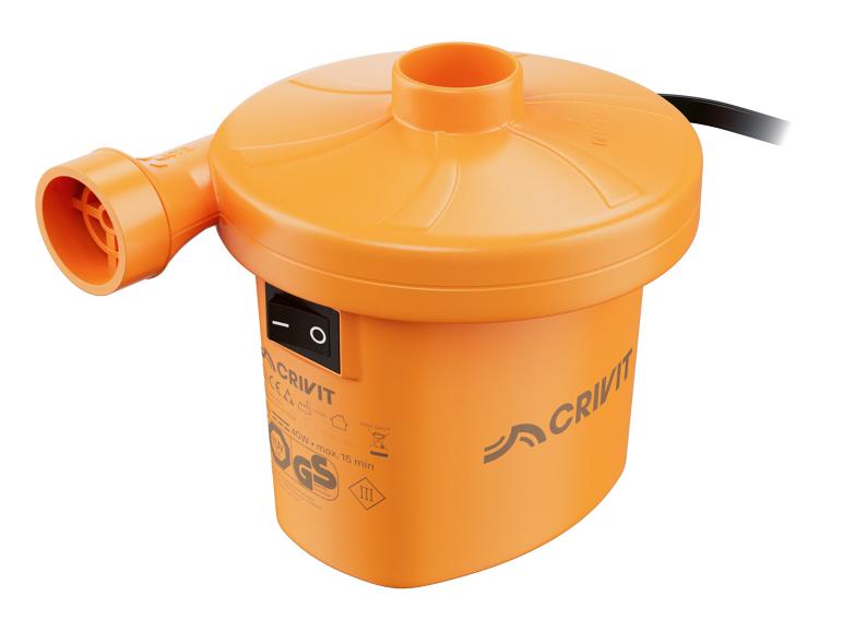Oranžová elektrická vzduchová pumpa s černým vypínačem a napájecím kabelem.