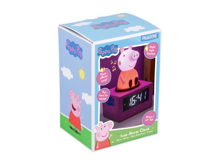 Budík Peppa Pig s nočním světlem, hraje oficiální píseň, klepnutím na hlavu odložíte buzení.