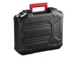 Černá kufřík na nářadí Parkside s červenou rukojetí.