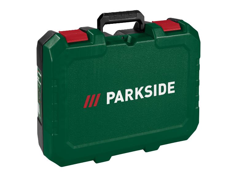 Zelený kufr na nářadí Parkside s černou rukojetí a červenými sponami.