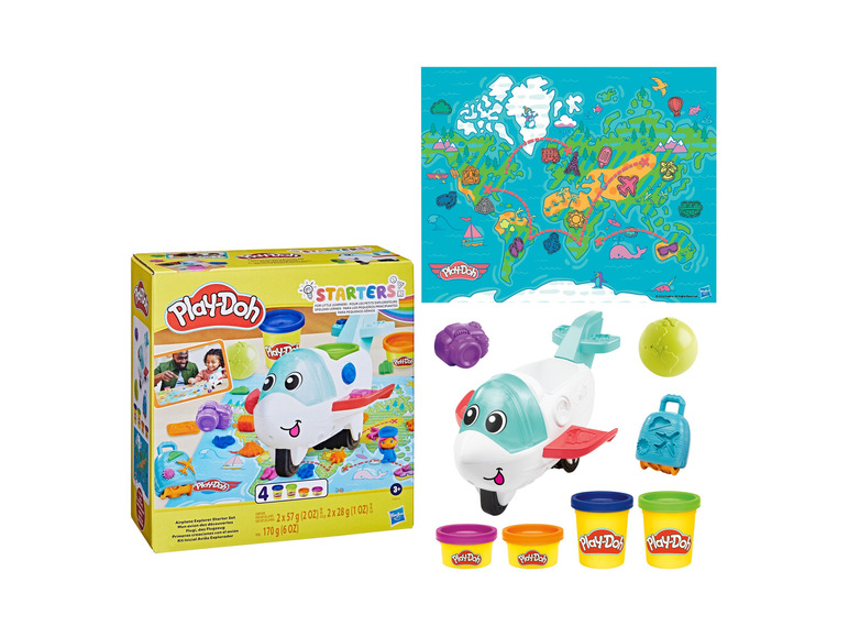 Sada Play-Doh s letadlem, mapou světa, plastelínou a doplňky.