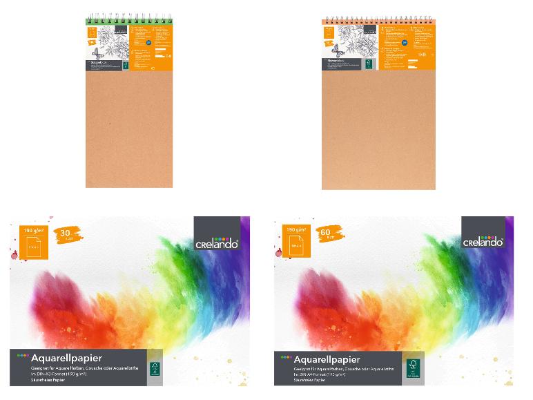 Aquarelový papír Crelando ve formátu DIN A3 a A4, vhodný pro akvarelové barvy, guazzo a akvarelové tužky.