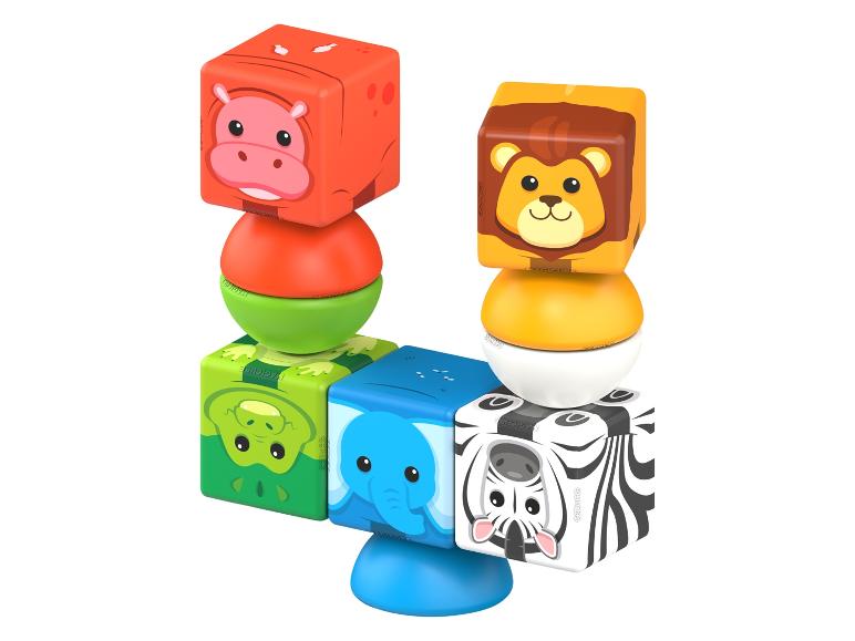 Barevné magnetické zvířecí kostky: hroch, lev, krokodýl, slon a zebra.