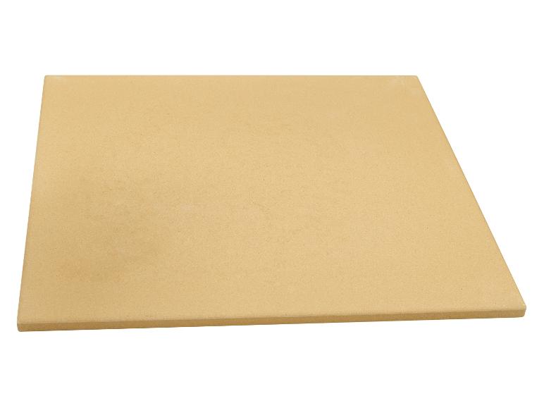 Obdélníkový kámen na pizzu na pečení, světle hnědý a texturovaný.