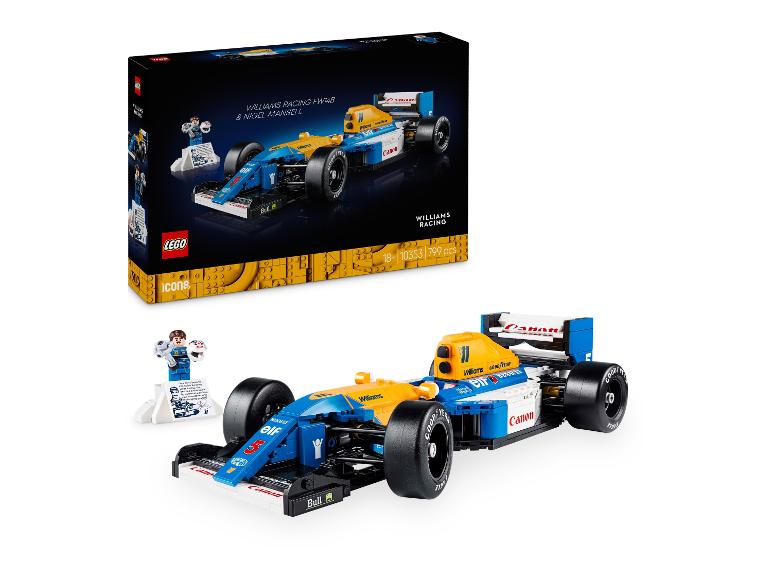 Sada LEGO Icons Williams Racing FW14B a Nigel Mansell, s závodním autem a minifigurkou.
