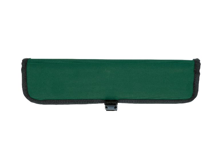 Zelený látkový obal na nářadí s černým lemem a plastovou sponou.