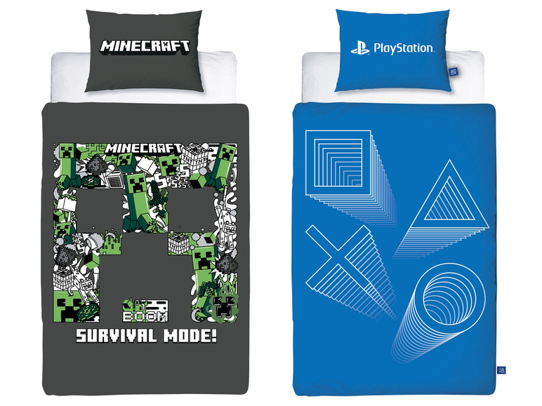 Ložní prádlo s motivem Minecraft a PlayStation.