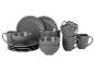 Šedá souprava nádobí s talíři, miskami a hrnky.
