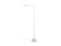 Bílá stojací lampa s ohnutým ramenem, přibližně 130 cm vysoká.
