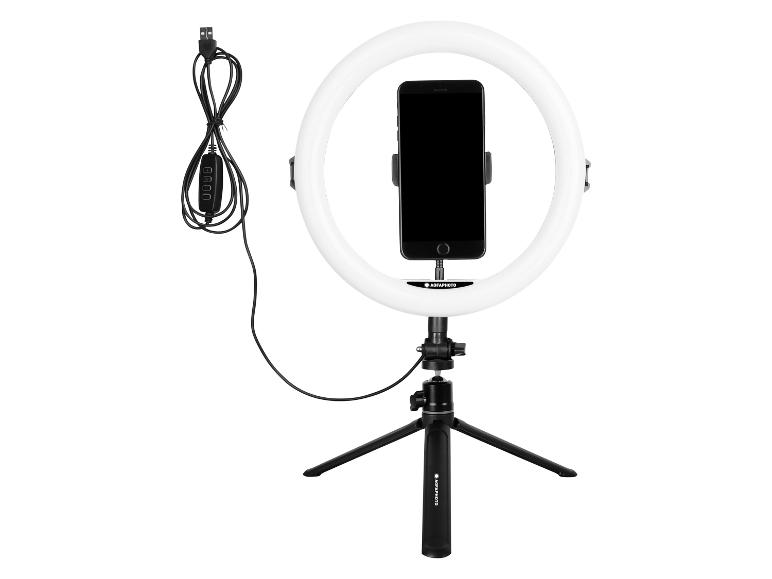 Sada kruhového světla AGFAPHOTO se stativem a smartphonem.