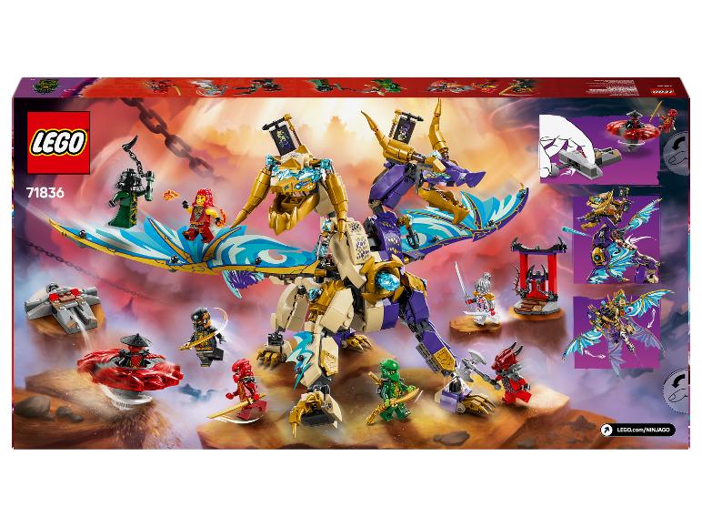 Sada LEGO Ninjago 71836 se zlatým a fialovým drakem, minifigurkami a doplňky.