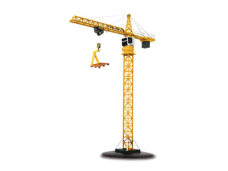 Žlutý model jeřábu Liebherr s paletou.