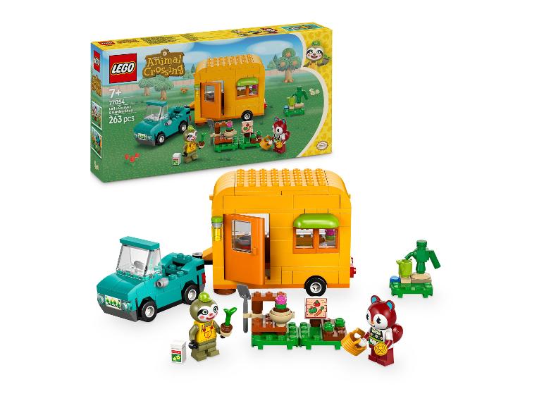 Sada LEGO Animal Crossing Leif's Caravan & Garden Shop s autem a figurkami.