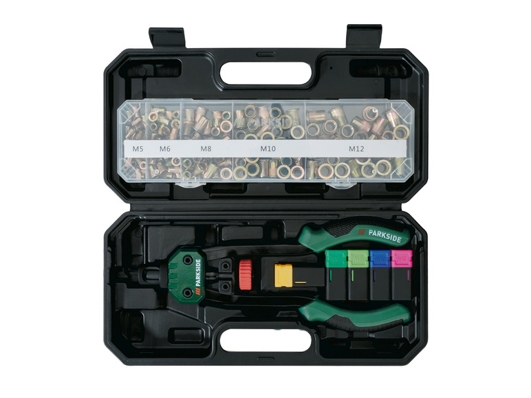Sada nástrojů Parkside s nýtovacím kleštěmi a různými velikosti nýtů.
