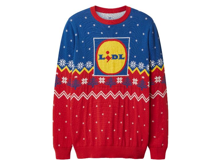 Lidl vánoční svetr, modrý a červený, s logem a sněhovými vločkami.