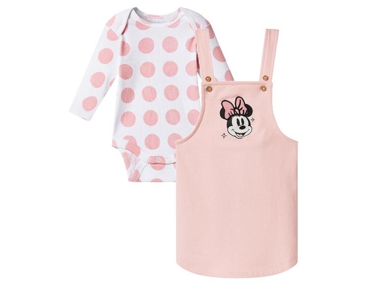 Dětské body Minnie Mouse s růžovými puntíky a růžové šaty s laclem