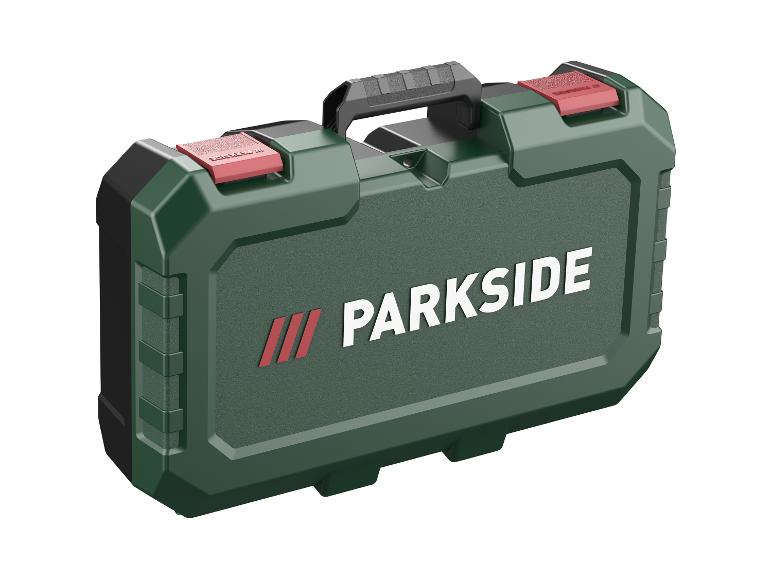 Tmavě zelený box na nářadí s logem Parkside a červenými akcenty.