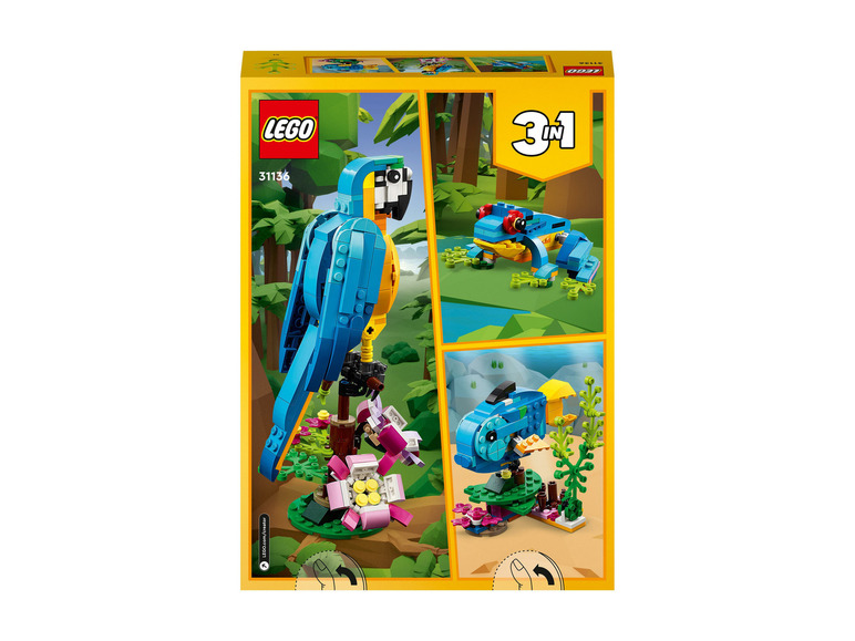 LEGO Creator 3 v 1 krabička s papouškem, žábou a rybami.
