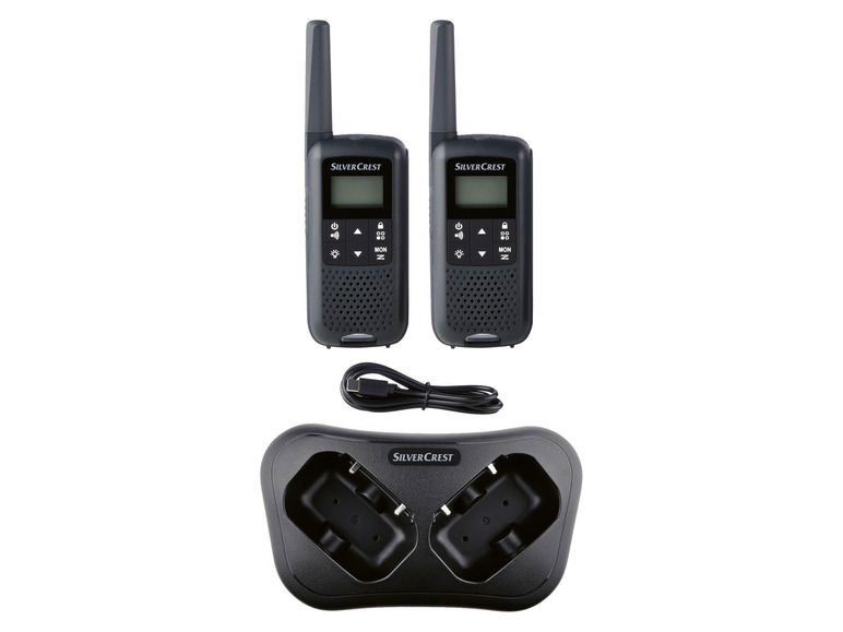 Dvě walkie-talkie Silvercrest s nabíječkou a USB kabelem.