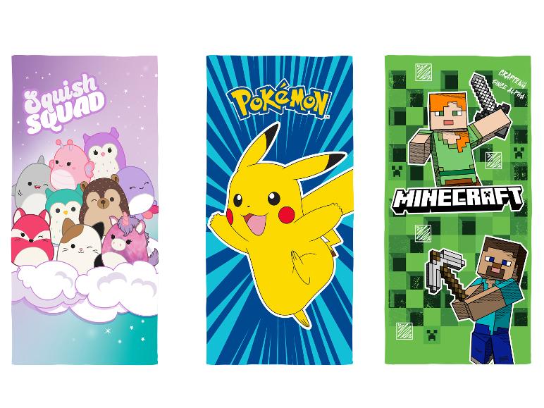 Koupací osušky Pokémon, Minecraft a Squishmallows.