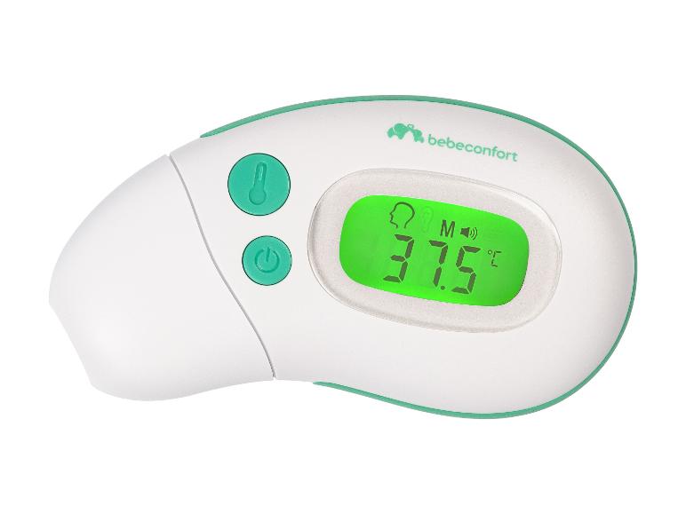 Bílý digitální teploměr se zeleným displejem zobrazujícím teplotu 37,5 °C.