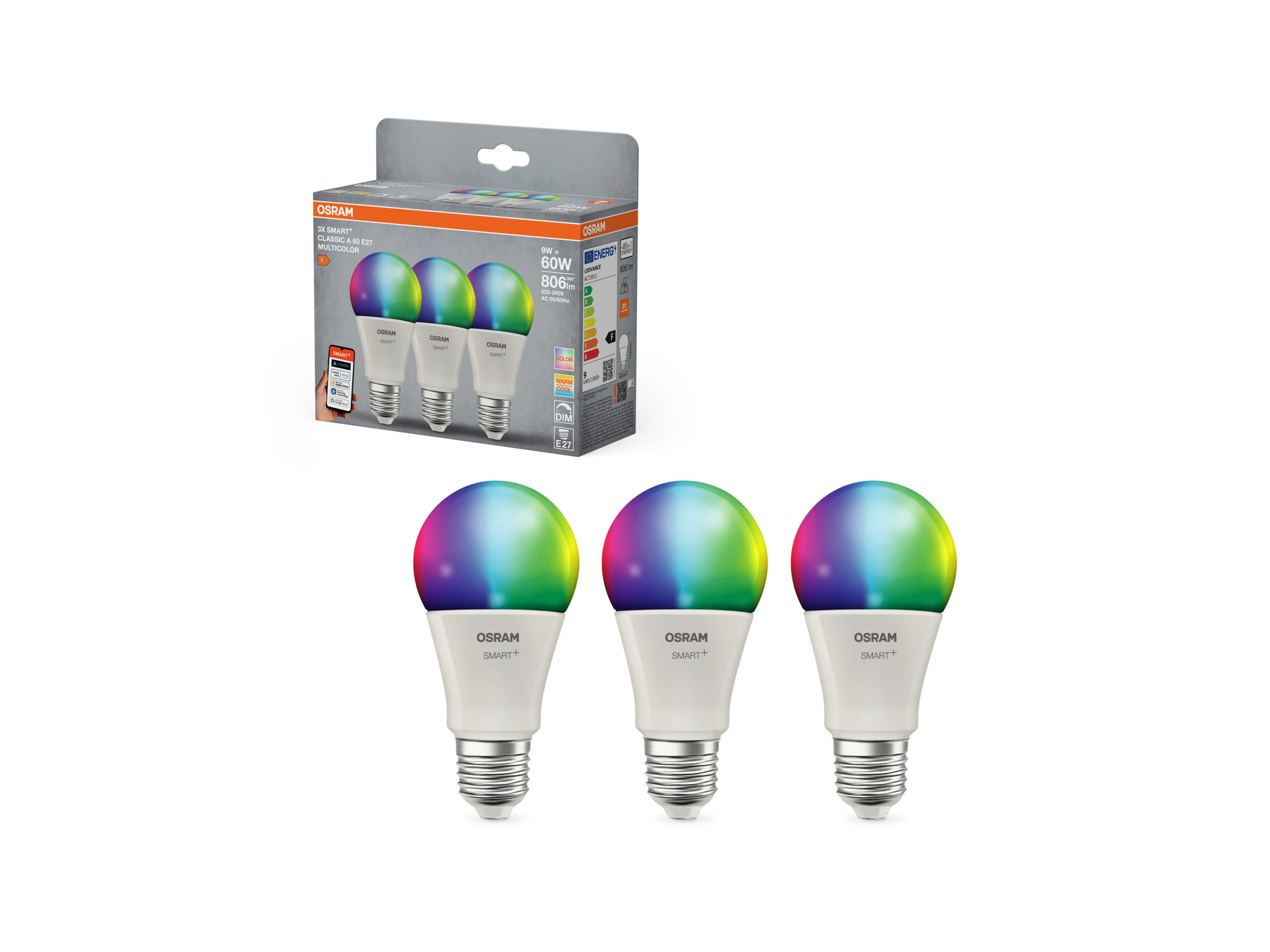 Osram Světelný zdroj »Smart Mat«, 3 kusy (A60, E27, 2700 K, Rgbw, matná)