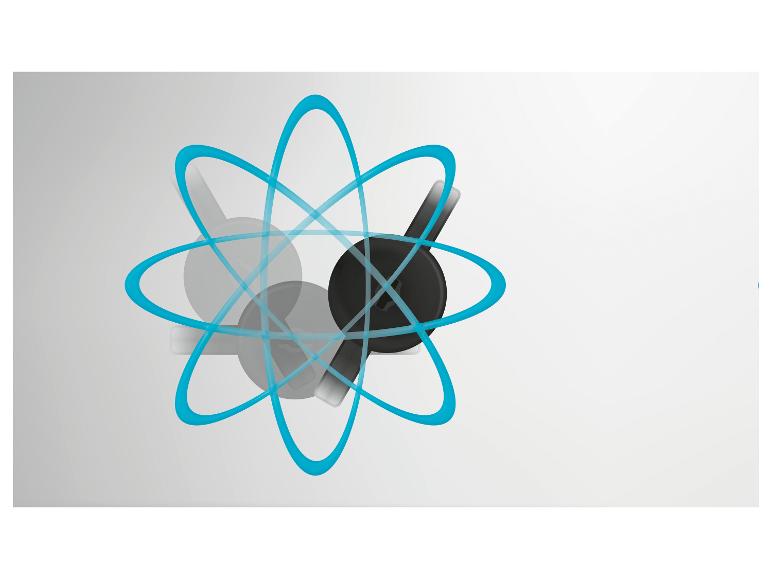 Abstraktní znázornění atomu s modrými oběžnými dráhami a černým jádrem.