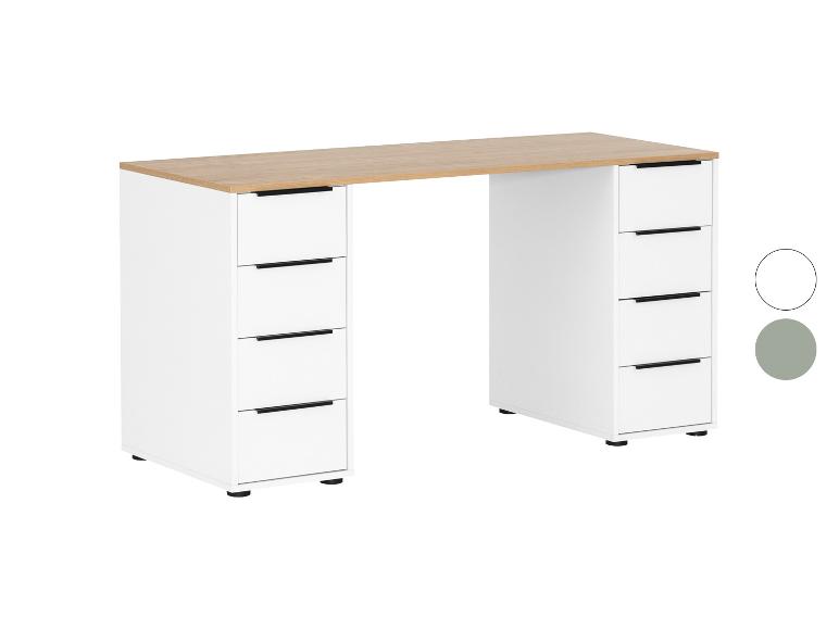 Bílý stůl s dřevěnou deskou a zásuvkami po obou stranách.