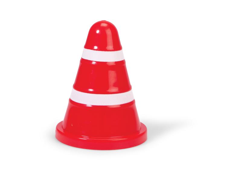 Červený plastový dopravní kužel se dvěma bílými pruhy na bílém pozadí.