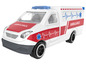 Bílá ambulance s červenými pruhy a hvězdou první pomoci.