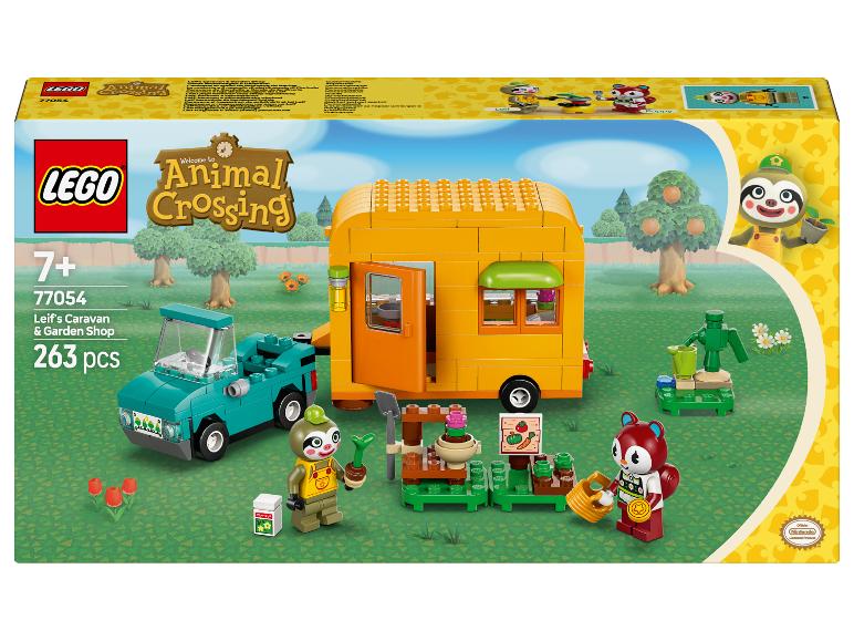 Sada LEGO Animal Crossing Leifův karavan a zahradní obchod s tyrkysovým náklaďákem a žlutým karavanem.