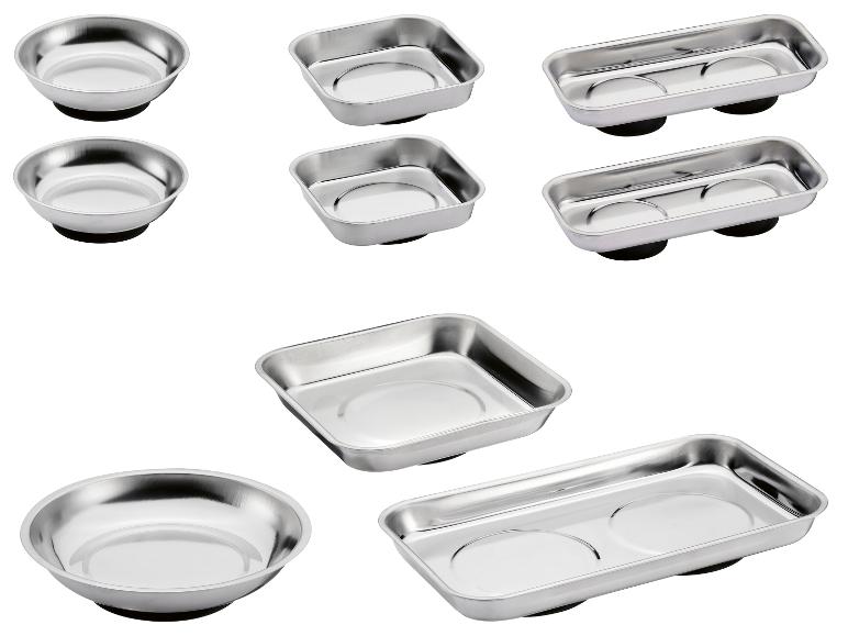 Sada magnetických misek a podnosů z nerezové oceli pro dílnu.