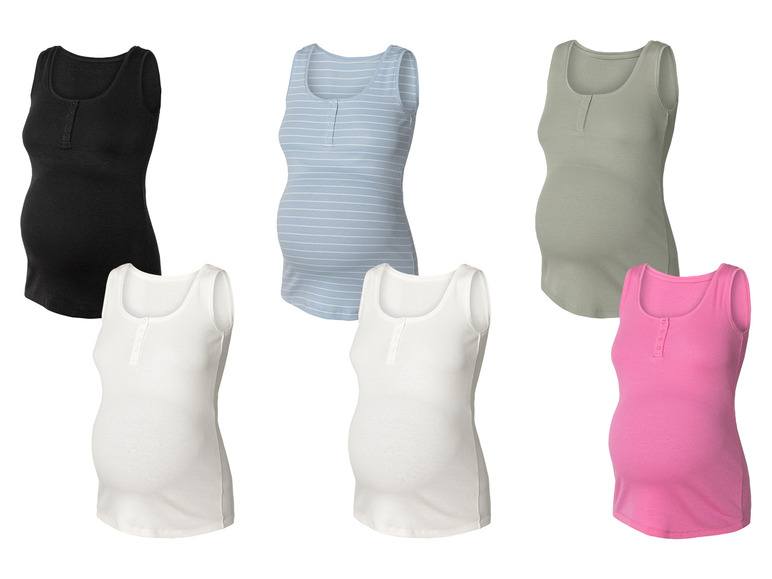 Těhotenské tank topy v černé, modro-bílé, zelené a růžové barvě.