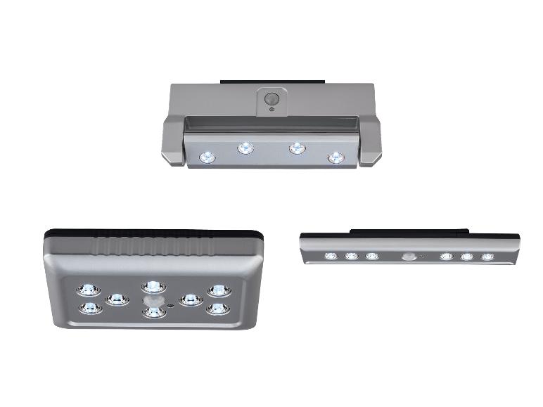 Tři pohledy na stříbrné LED světlo s pohybovým senzorem.