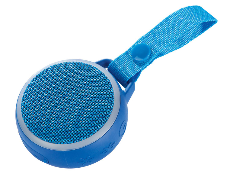 Modrý přenosný Bluetooth reproduktor s poutkem.